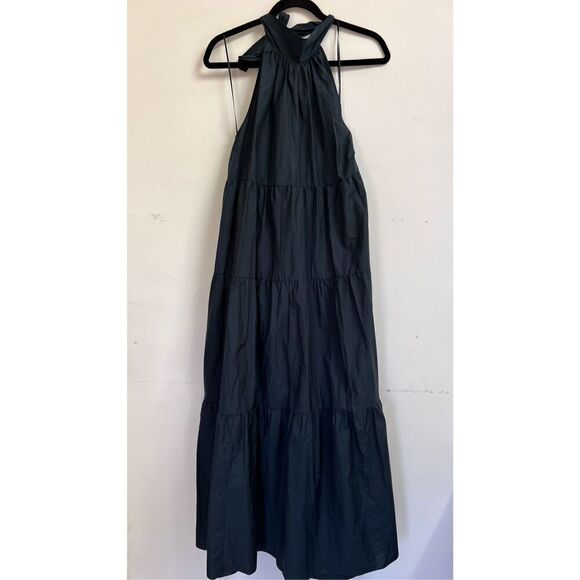 Theory Women's Cotton Blend Tiered Bow Halter A-line Maxi Dress Black Med D050 - Picture 5 of 10